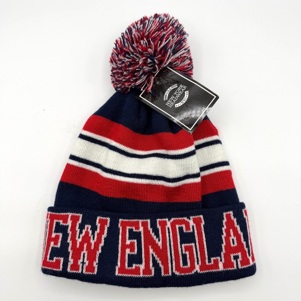 NWT New York Headwear NEW ENGLAND Knitted Pom Pom Beanie Toboggan Hat Red Blue